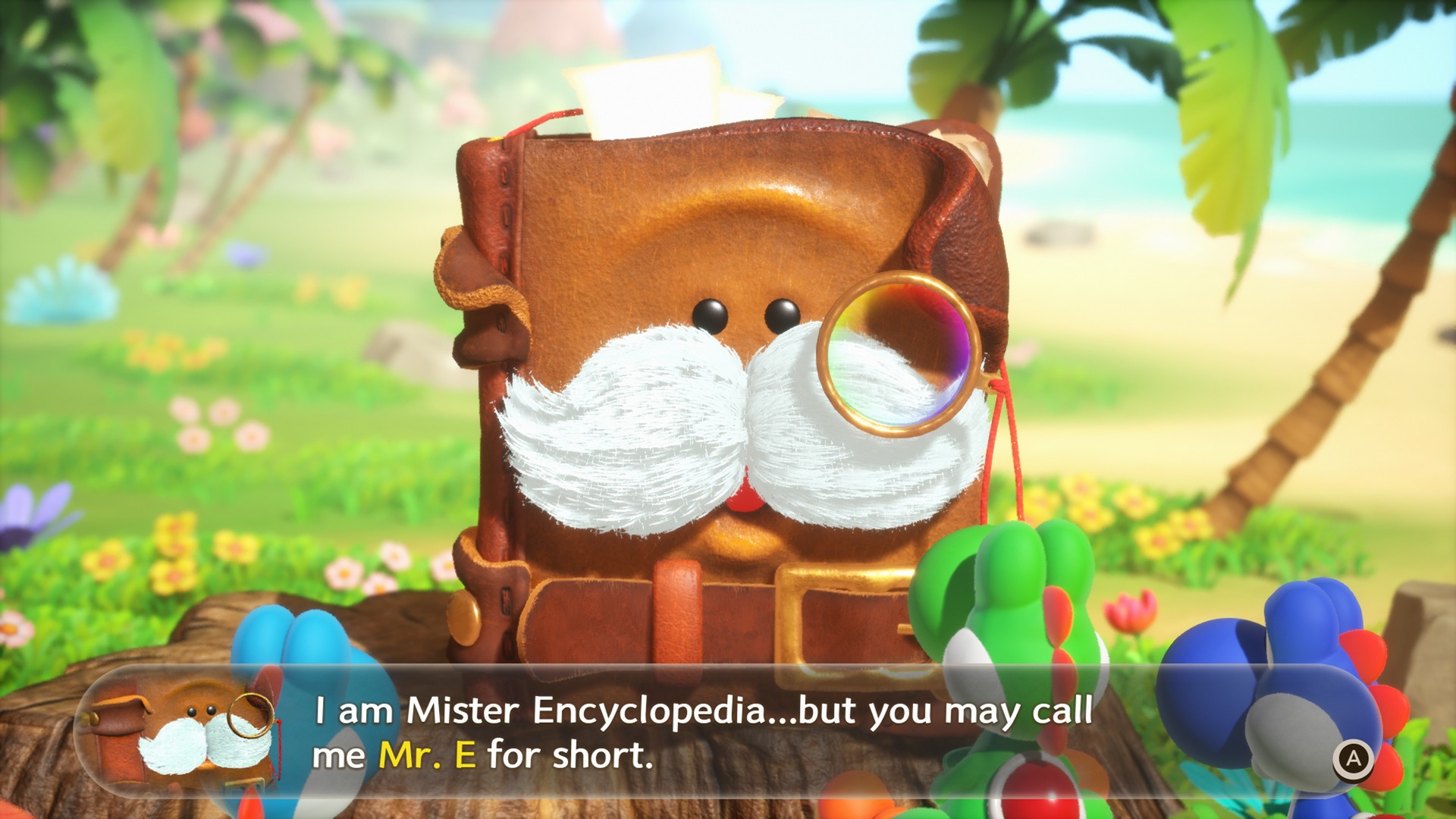 Mister Encyclopedia, AKA Mr E, a book with a monocle and big white moustache, introduces himself to Yoshi friends in Yoshi and the Mysterious Book