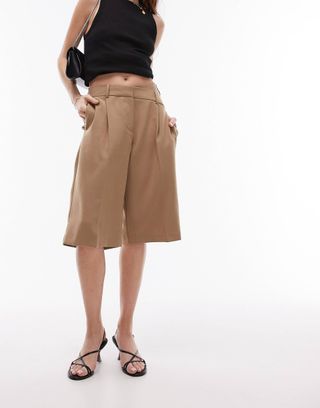 Topshop Long Tailored Crossover Waist Short in Sand