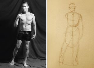 How to draw a figure: photo of a man next to sketch of the basic outline of the body
