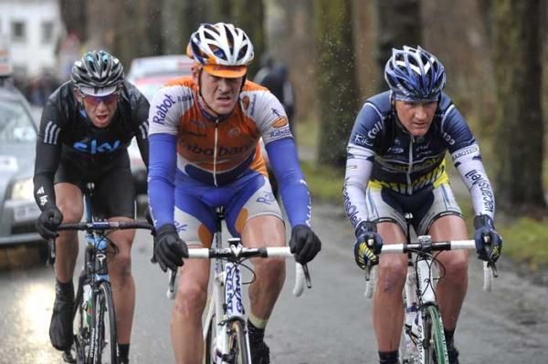 Rick Flens (Rabobank) rides ahead of Bobbie Traksel (Vacansoleil) and Ian Stannard (Team Sky) at the front of the race.