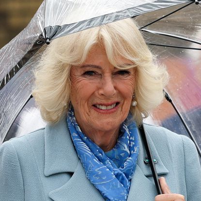 Queen Camilla wearing a blue coat holding an umbrella