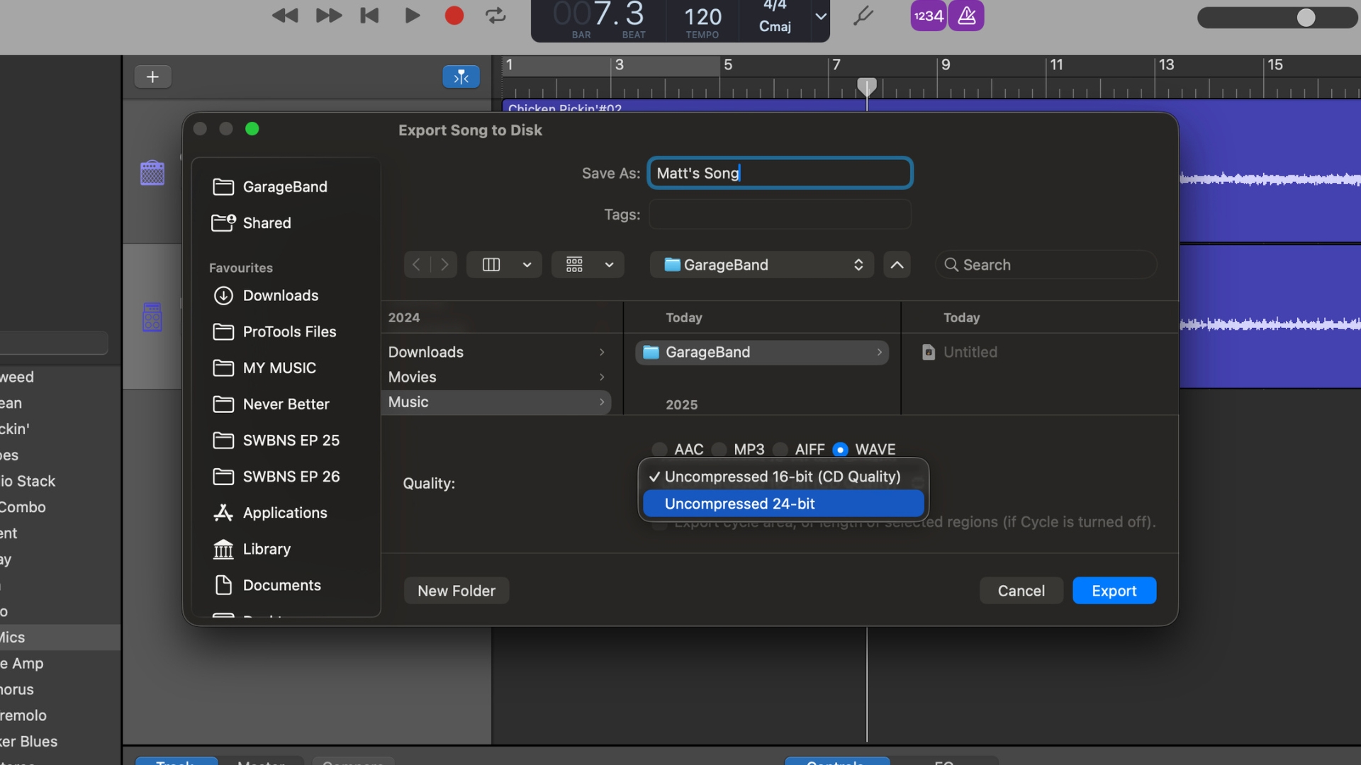 A screenshot showing the export menu options in Apple GarageBand