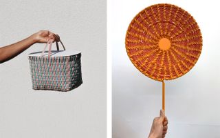 Two images of woven pieces part of the Basketclub project. Left, a hand holds a rigid basket woven with pink and blue cord. Right, a hand holds a round fan in red and orange