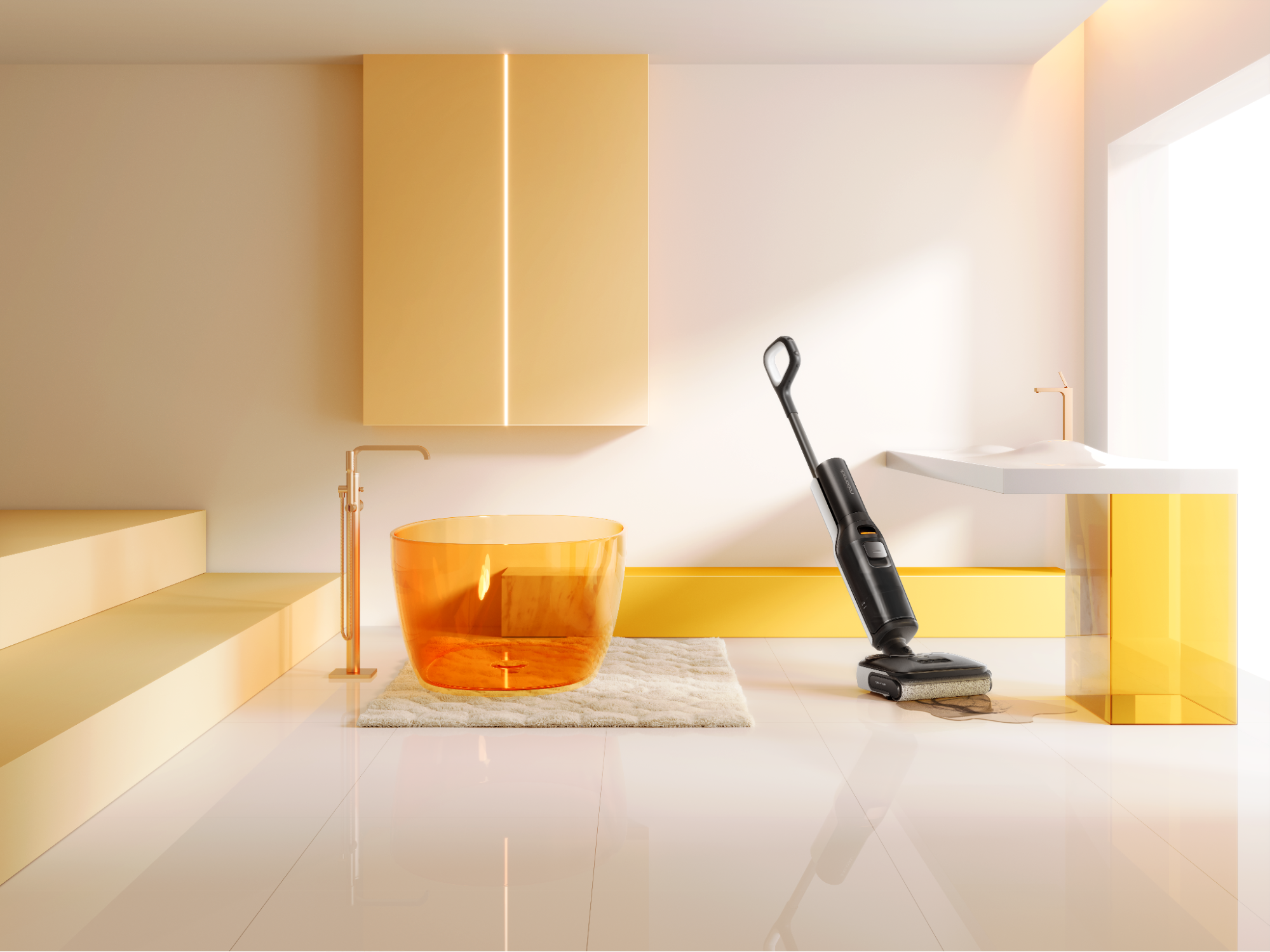 Roborock F25 series wet-dry stick vacuum in use in a hyper modern, orange and yellow bathroom with a transparent orange bathtub.