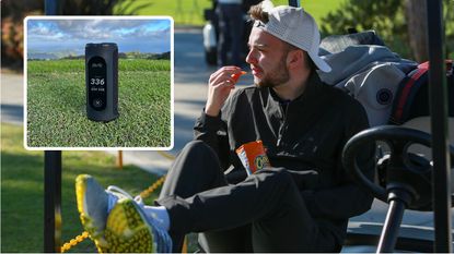 Golf Monthly's Dan Parker sitting in a golf buggy and an inset image of a bluetooth speaker