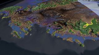 West Antarctica bed topography. Areas colored brown are below sea level. Sea level itself is colored yellow, and green areas are above sea level.