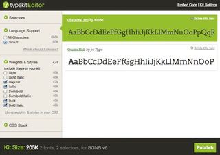 Typekit’s selection interface enables you to choose the character set. Note how the default character set is a significantly smaller file size