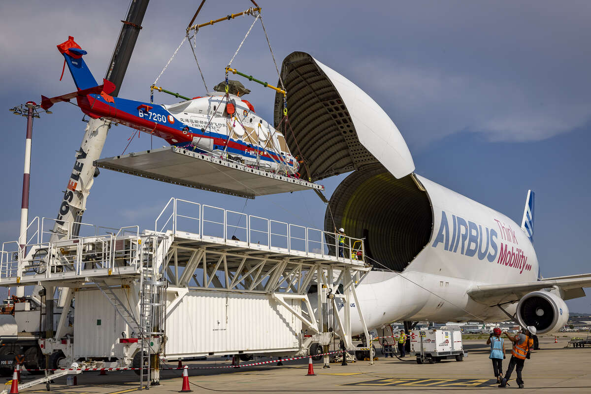 Airbus BelugaST aircraft seen from the front, showing its distinctive whale-shaped fuselage