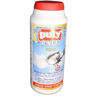 A red and white pot of Puly Caff coffee machine powder cleaner with blue label