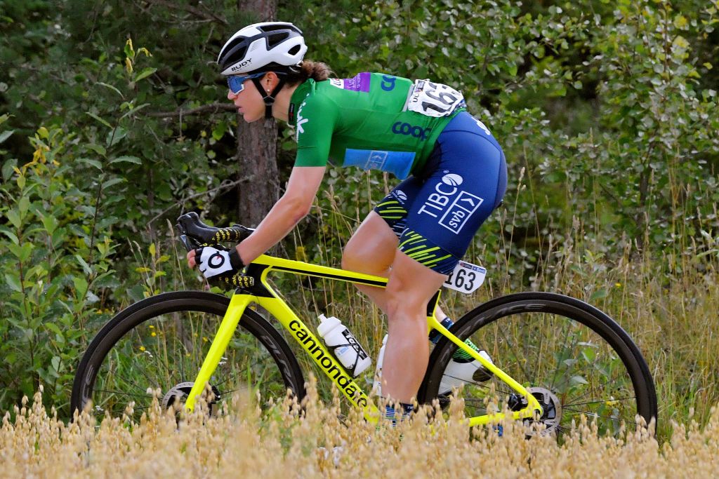 NOREFJELL NORWAY AUGUST 14 Kristen Faulkner of United States and Team Tibco Silicon Valley Bank Green Points Jersey competes during the 7th Ladies Tour Of Norway 2021 Stage 3 a 145k stage from Drammen to Norefjell 791m LTourOfNorway LTON21 UCIWWT on August 14 2021 in Norefjell Norway Photo by Luc ClaessenGetty Images