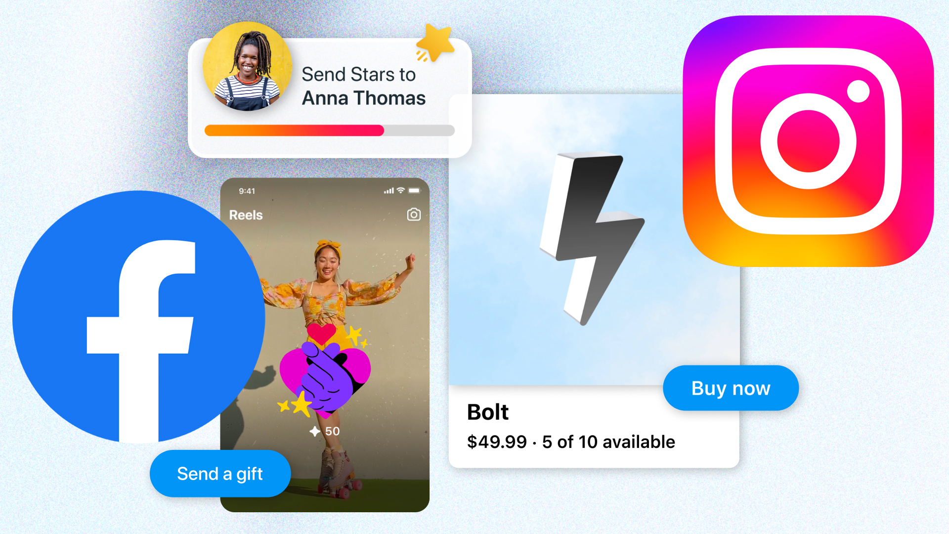 Les logos Facebook et Instagram autour de nouvelles fonctionnalités promotionnelles payantes