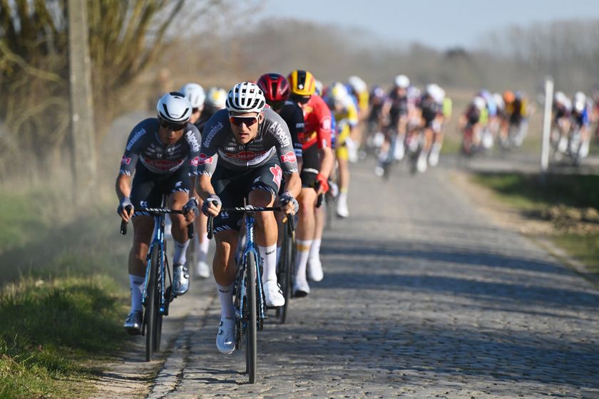 NOKERE, BELGIUM - MARCH 19: Edward Planckaert of Belgium and Team Alpecin - Deceuninck leads in the chase group during the 79th Danilith Nokere Koerse 2025, Men&amp;apos;s Elite a 188.1km one day race from Deinze to Nokere on March 19, 2025 in Nokere, Belgium. (Photo by Luc Claessen/Getty Images)