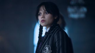 Jenna Ortega as Wednesday when Enid is in her body looking horrified.