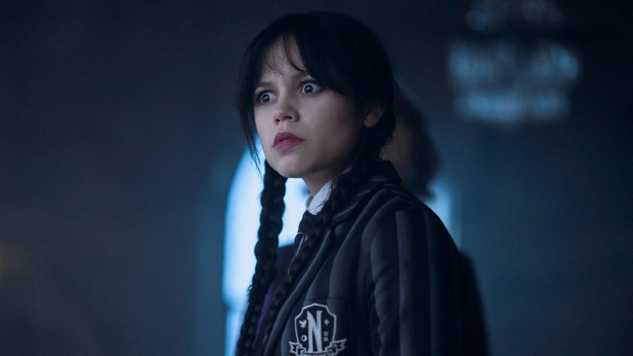 Jenna Ortega as Wednesday when Enid is in her body looking horrified. 