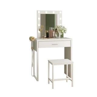Minimalist vanity desk with lit mirror