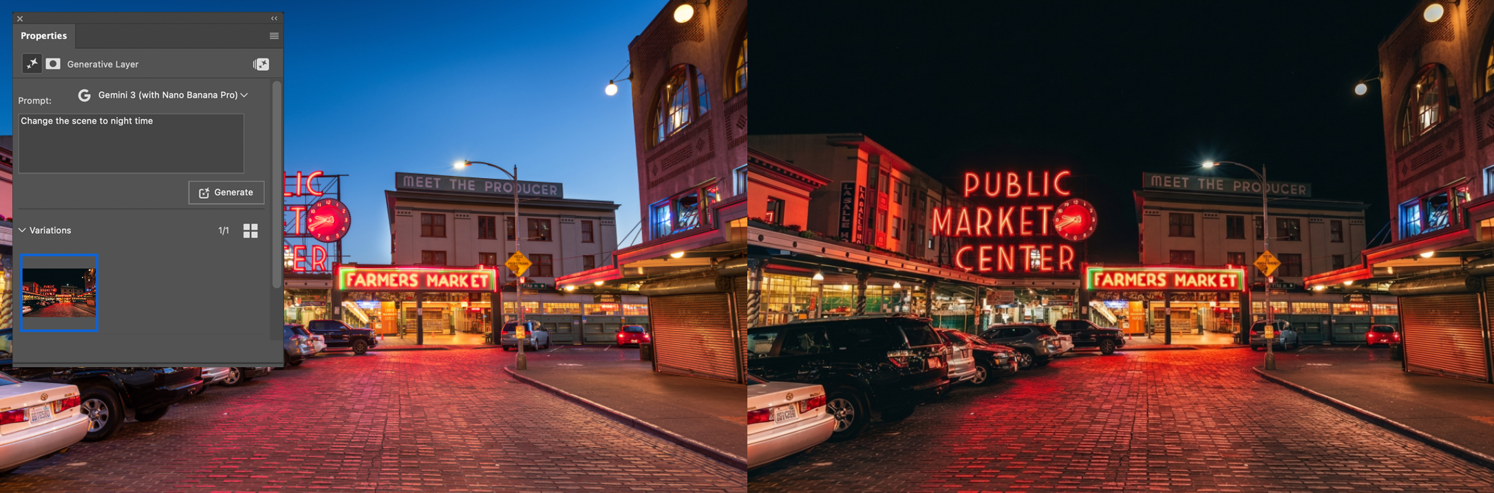 A screenshot of a before and after editing an image from day to night inside Photoshop with Nano Banana Pro