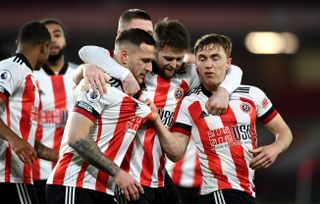 Sheffield United players celebrate Billy Sharp's goal against Newcastle