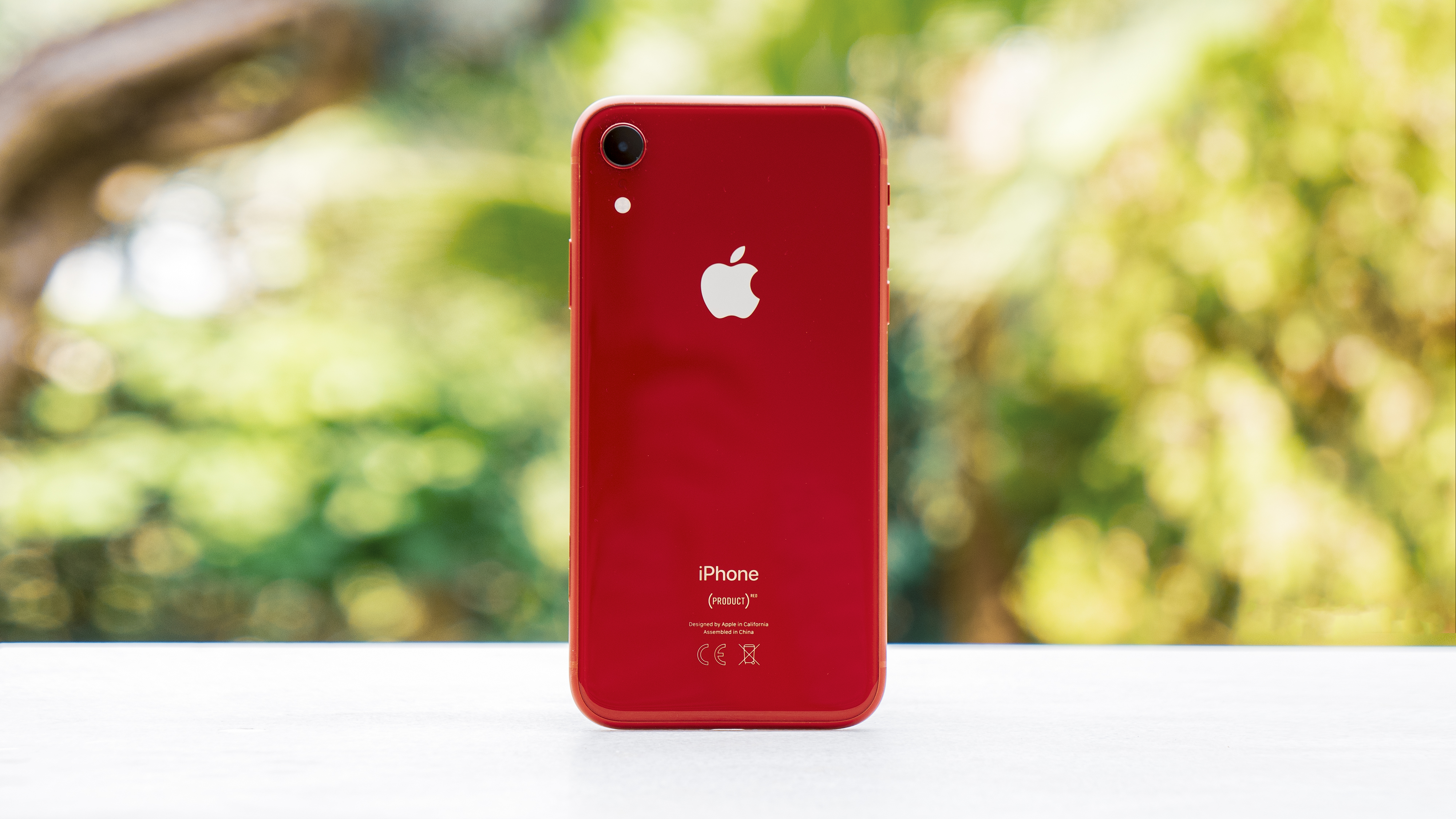 En rød iPhone XR som står på en hvit overflate med en uskarp, grønn bakgrunn.