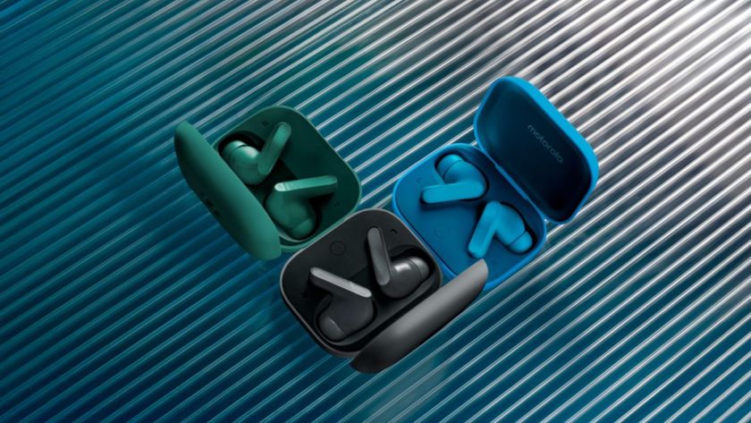 Moto Buds Bass in a product render in three colors.