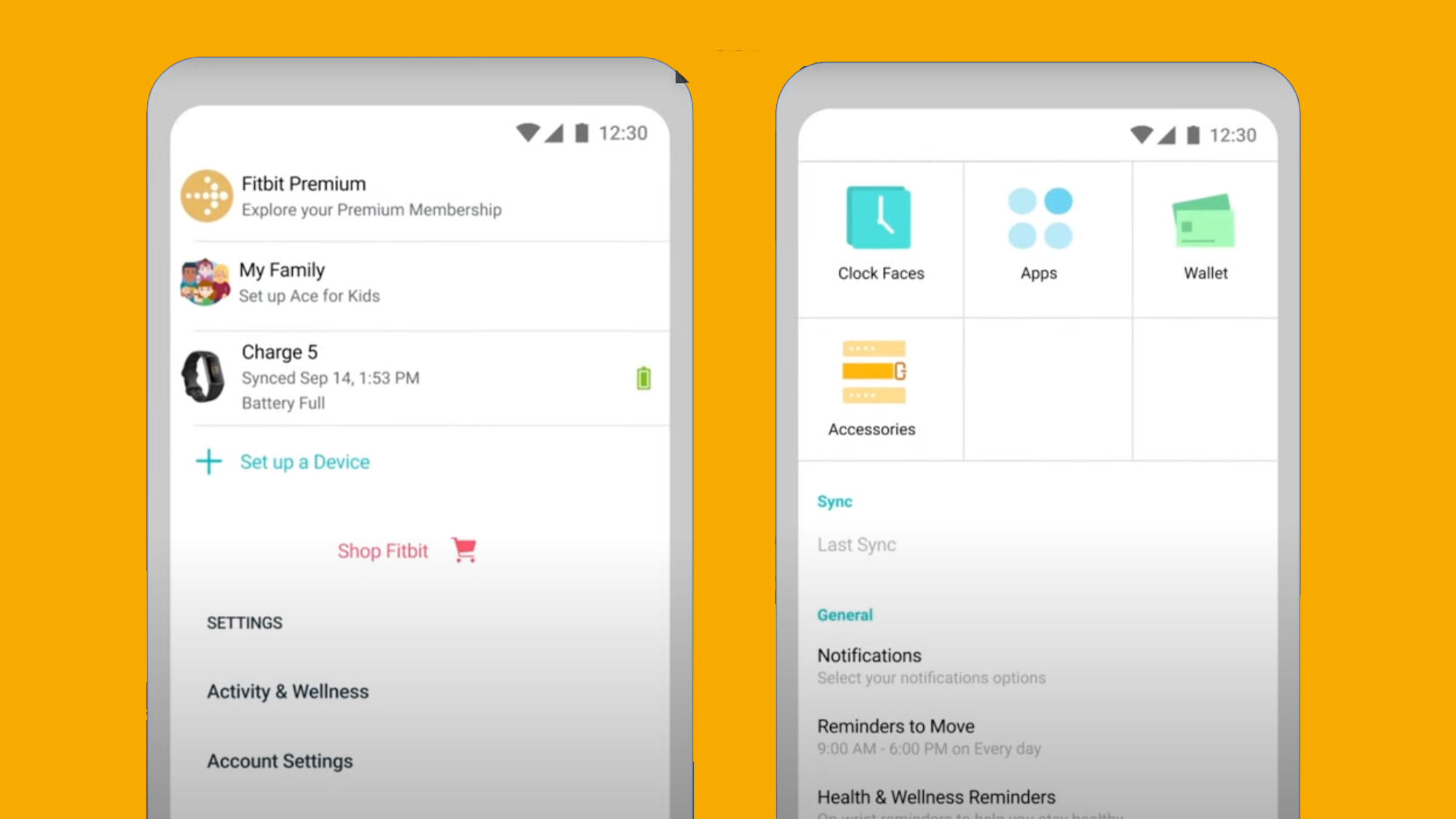 Two phones on an orange background showing the Fitbit app