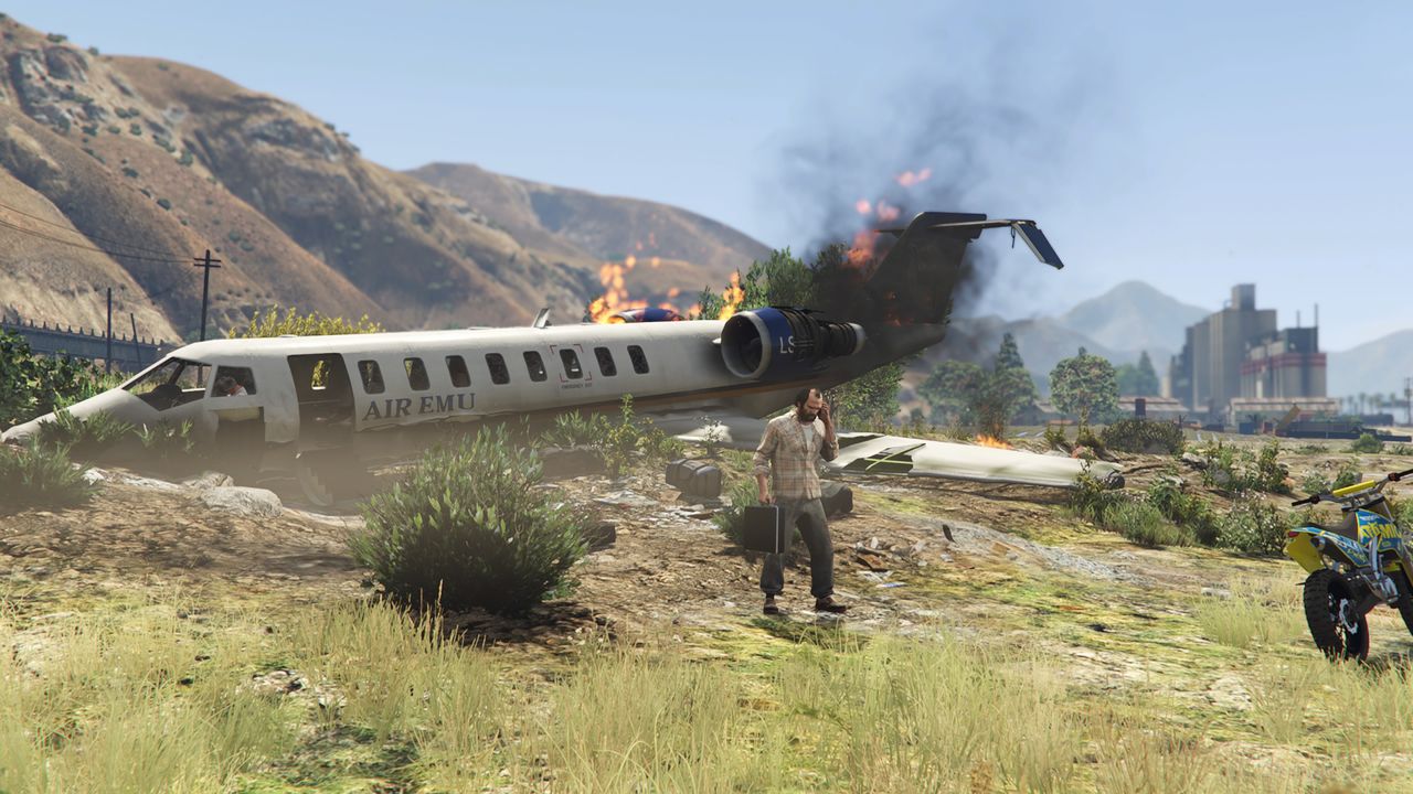 Trevor on phone infront of crashed plane in GTA V
