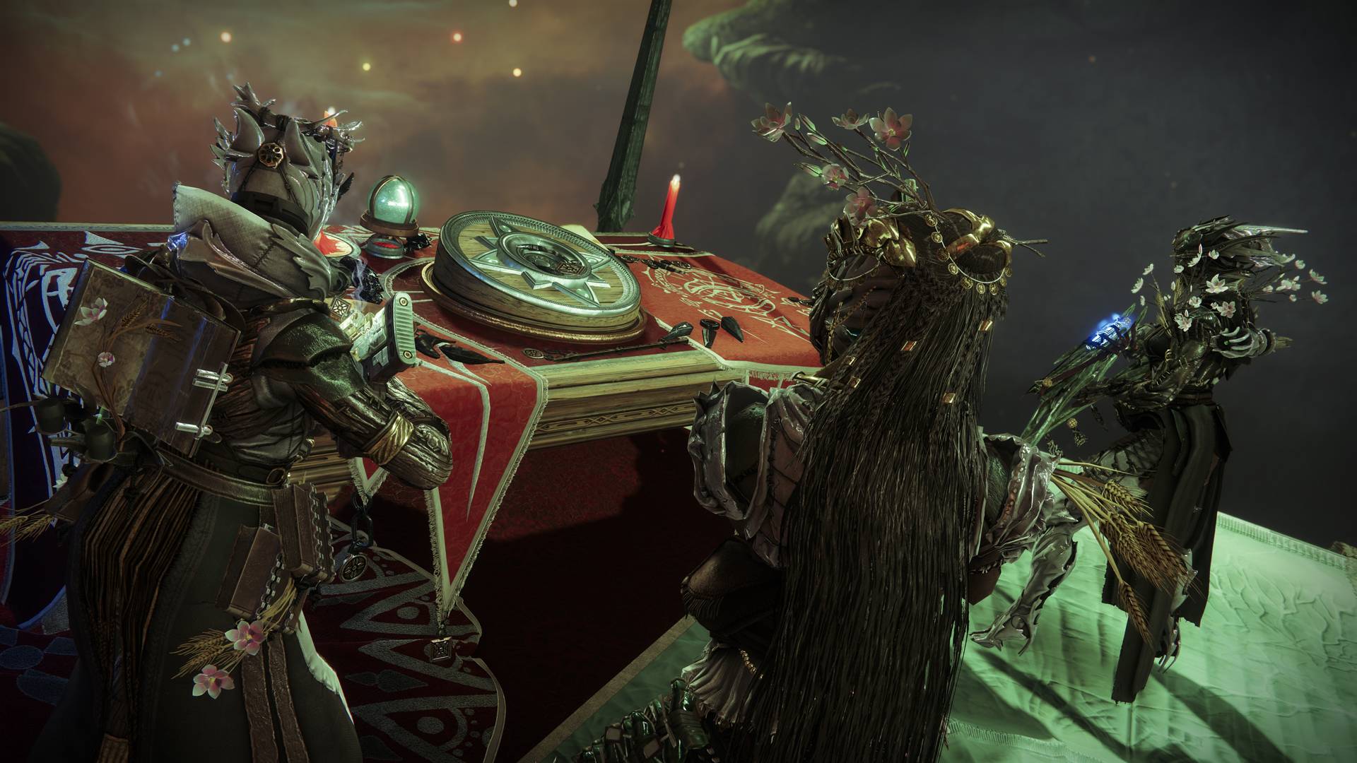 Destiny 2 Season of the Witch guardians looking at arcana cards on lectern of divination