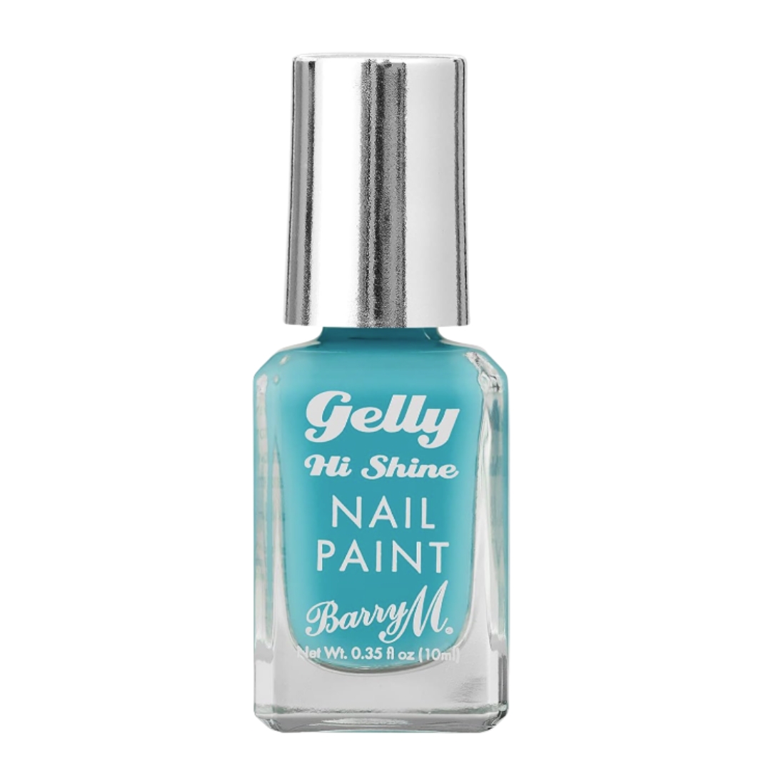 A product shot of the Barry M Gelly Nail Paint in Aqua Berry Pie (a bright, turquoise-blue), on a white background