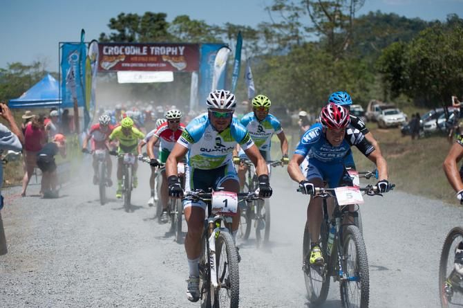 Ivan Rybarik surrounded by some of the world's best mountain bike endurance and marathon racers at the start of the Crococile Trophy UCI S1 Stage race in Cairns.