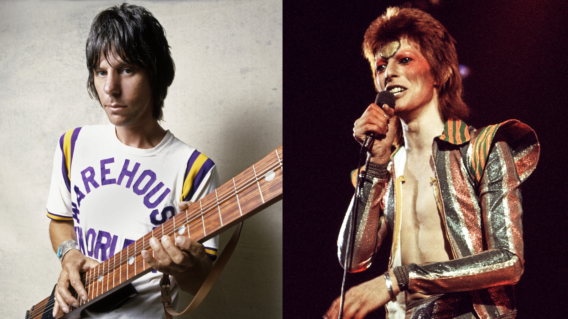 LEFT: Guitar master Jeff Beck poses with a Chapman Stick in Los Angeles, California in 1985. RIGHT: David Bowie (1947 - 2016) performs on stage on his Ziggy Stardust/Aladdin Sane tour in London, 1973. 