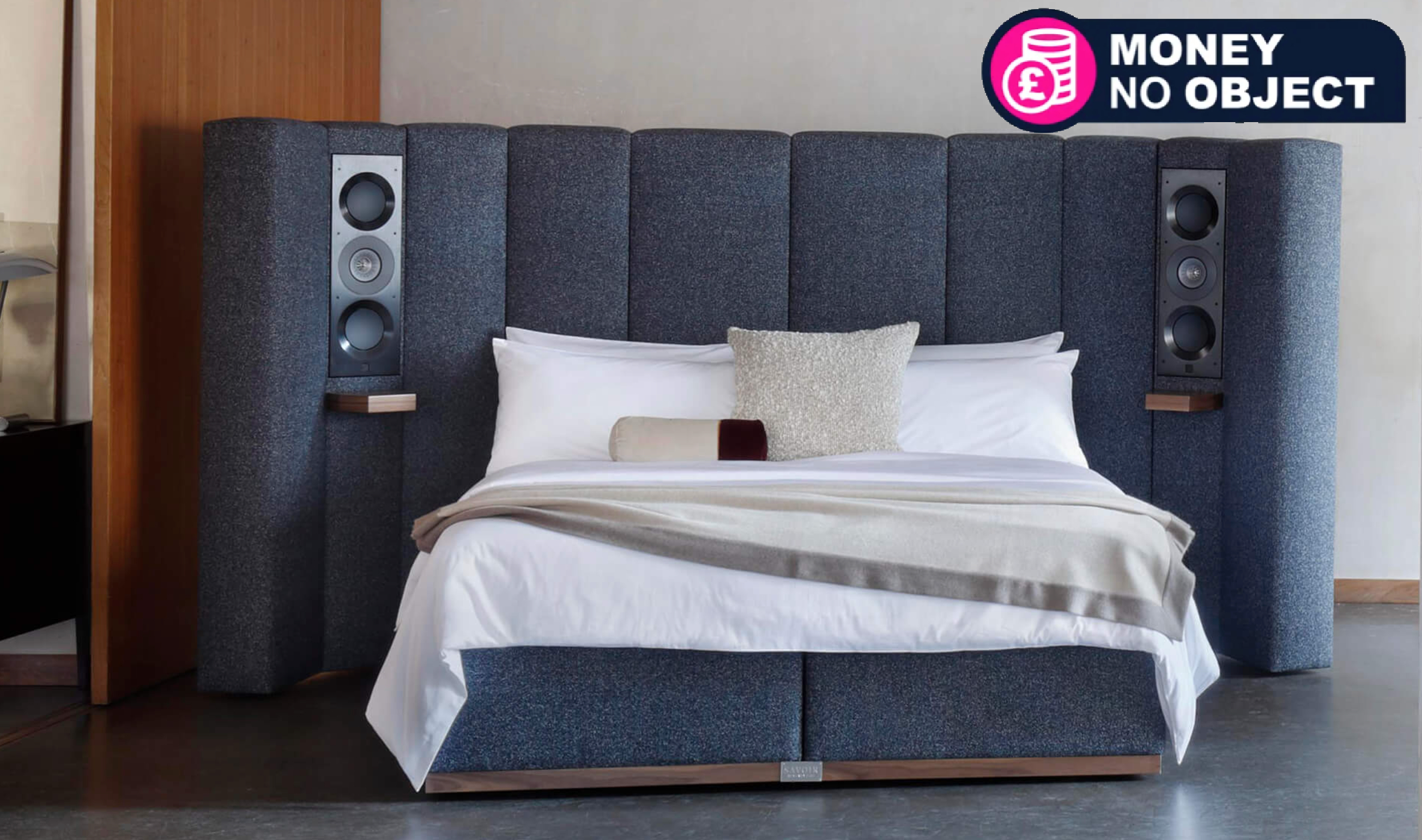 KEF x Savoir The Seventy Five bed with inbuilt speakers, in a high-end room 