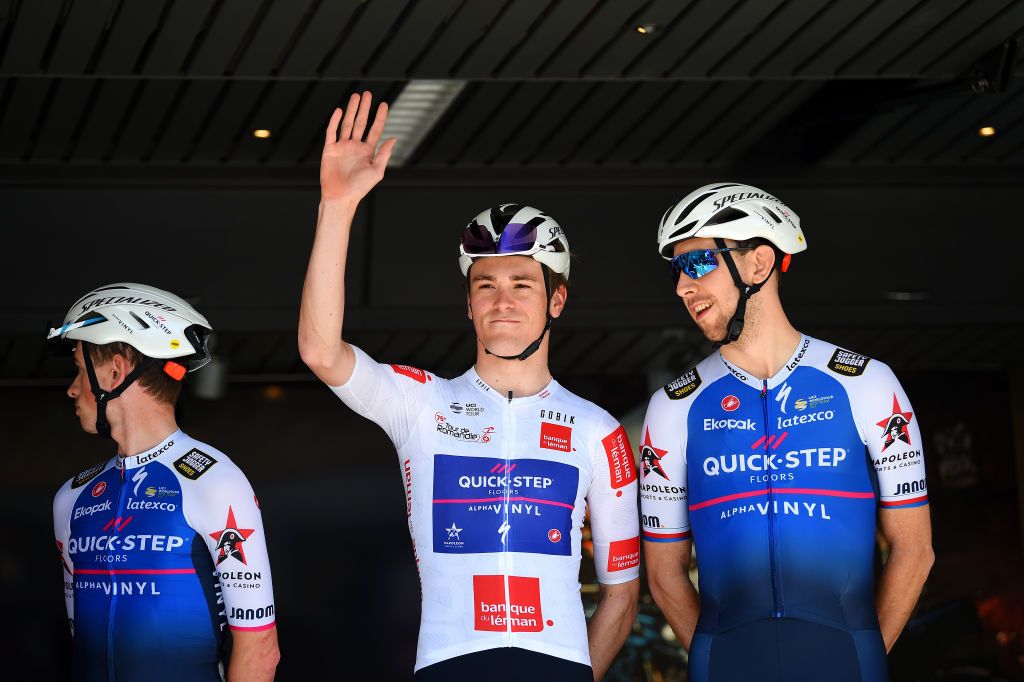 OULENSSOUSECHALLENS SWITZERLAND APRIL 28 Mauro Schmid of Switzerland white best young jersey and Josef Cerny of Czech Republic and Team QuickStep Alpha Vinyl during the team presentation prior to the 75th Tour De Romandie 2022 Stage 2 a 1682km stage from challens to challens TDR2022 on April 28 2022 in OulenssousEchallens Switzerland Photo by Dario BelingheriGetty Images
