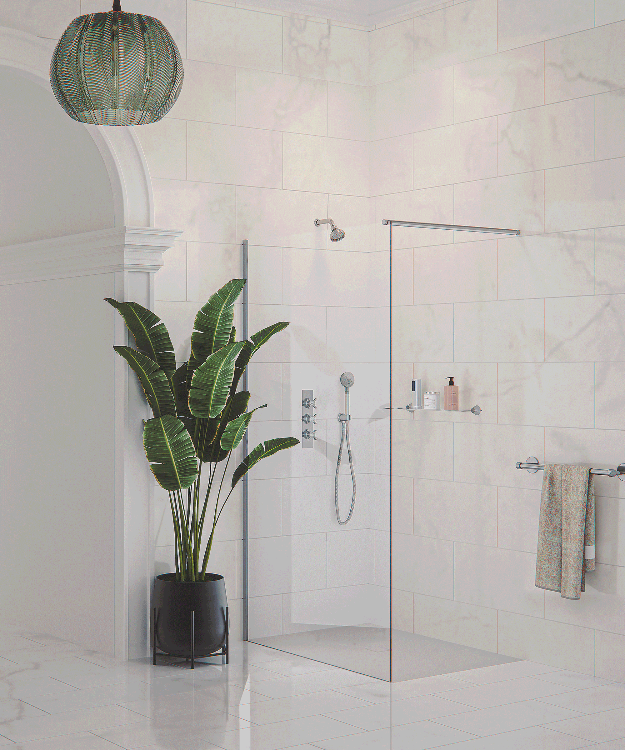 Wet room with plant and glass shower screen