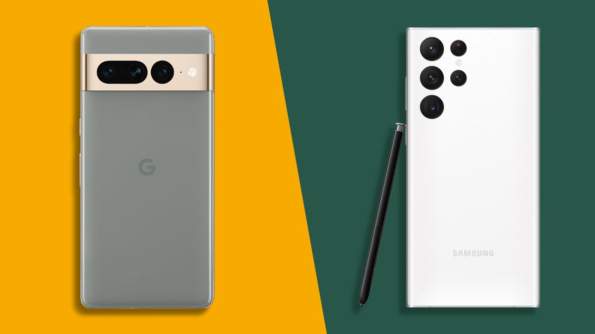 Google Pixel 7 Pro and Samsung Galaxy S22 Ultra on a two-tone yellow and green background