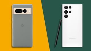 Google Pixel 7 Pro sobre un fondo amarillo y Samsung Galaxy S22 Ultra sobre un fondo verde oscuro