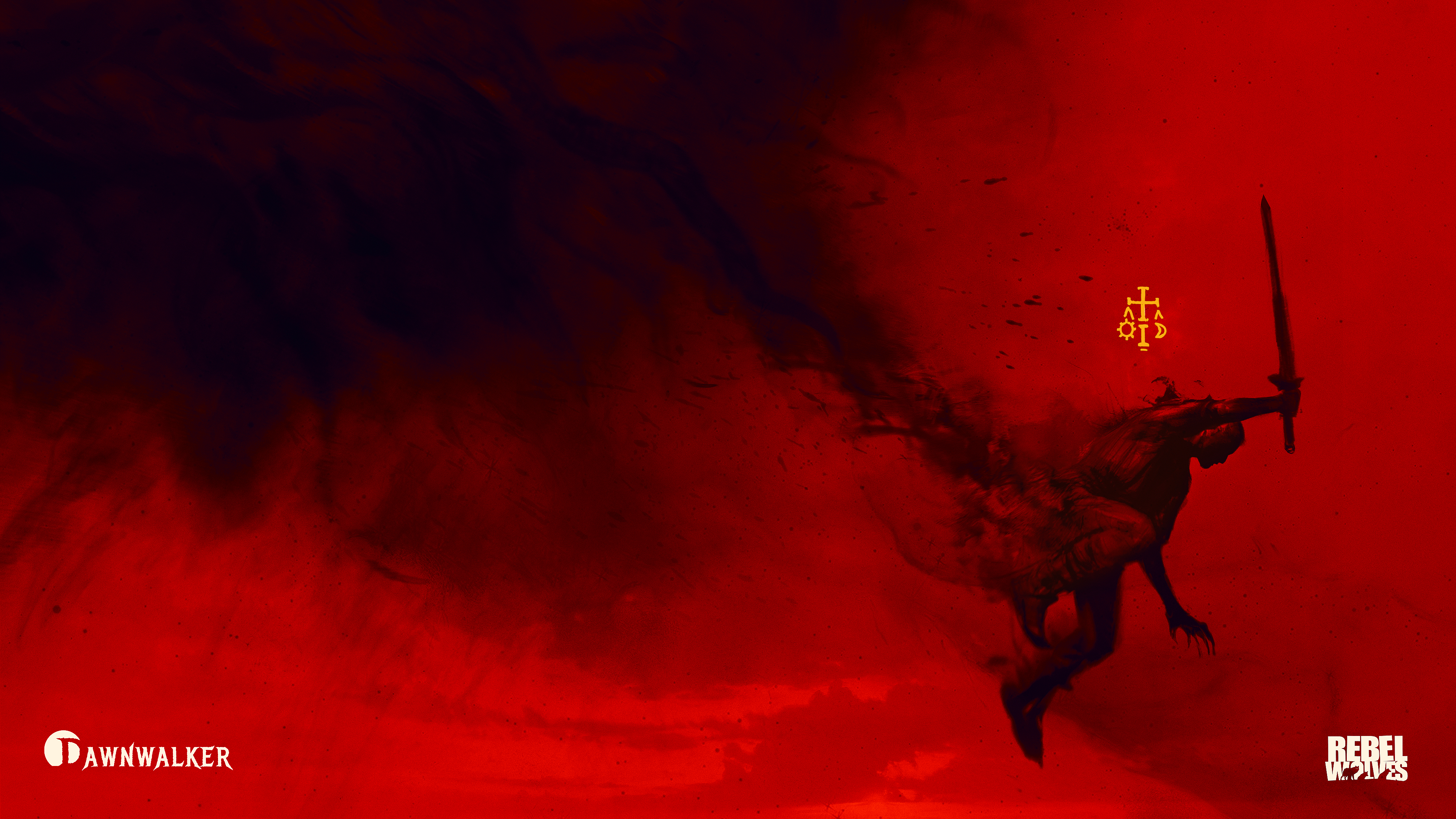 Fondo de pantalla de Dawnwalker: hombre con una espada saltando desde una nube sulfurosa sobre un fondo rojo
