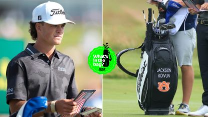 Jackson Koivun looks at a yardage book and a close up of his bag