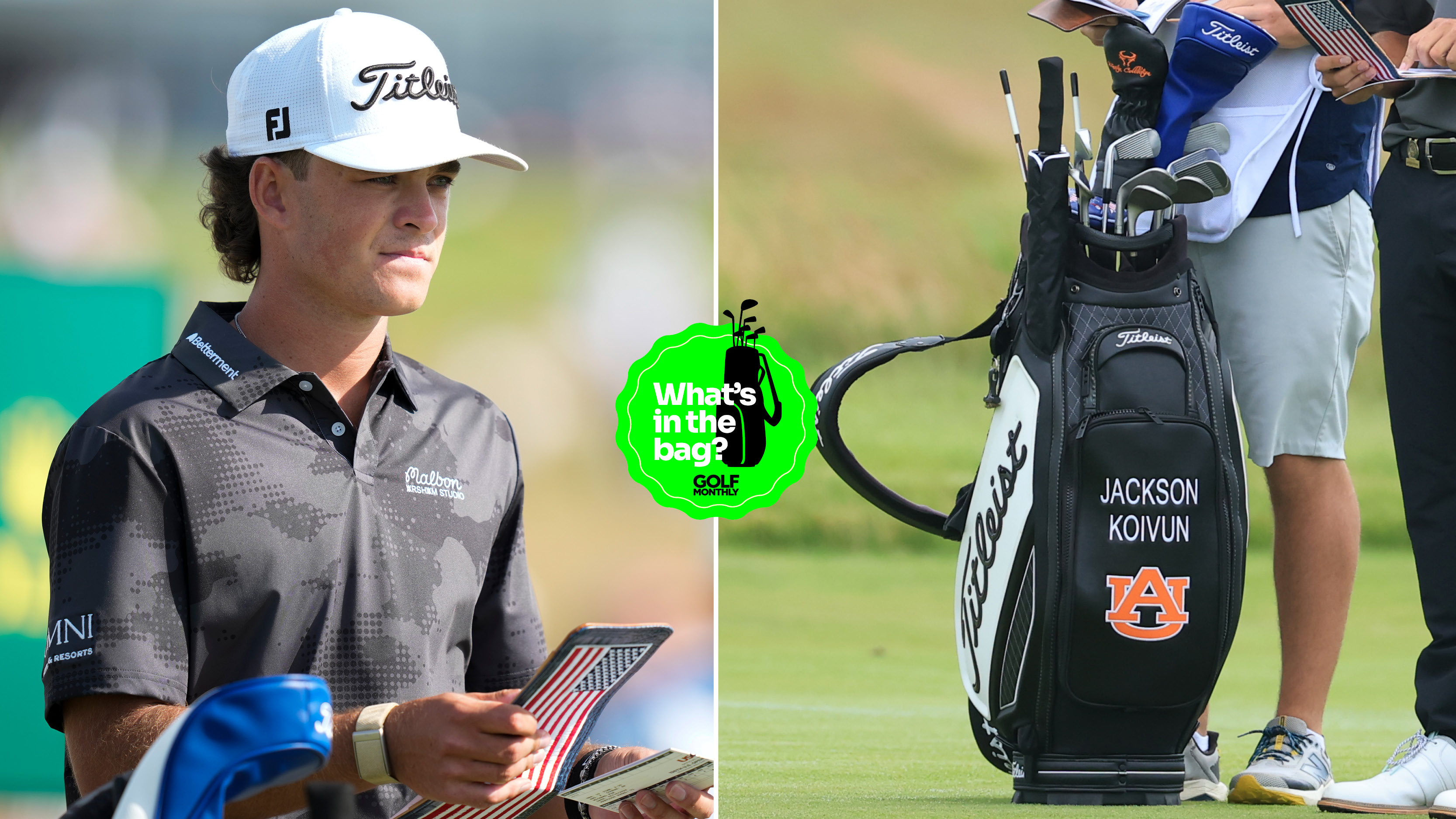 Jackson Koivun looks at a yardage book and a close up of his bag