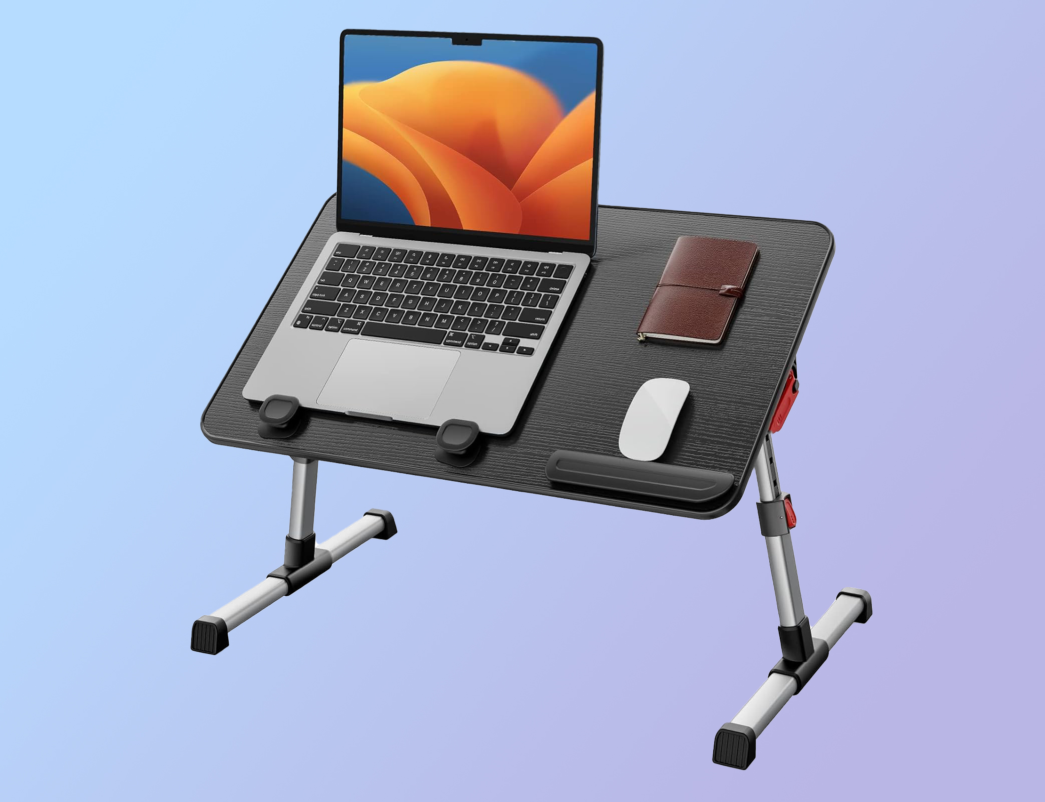 Saiji laptop bed tray table with laptop, mouse, and notebook