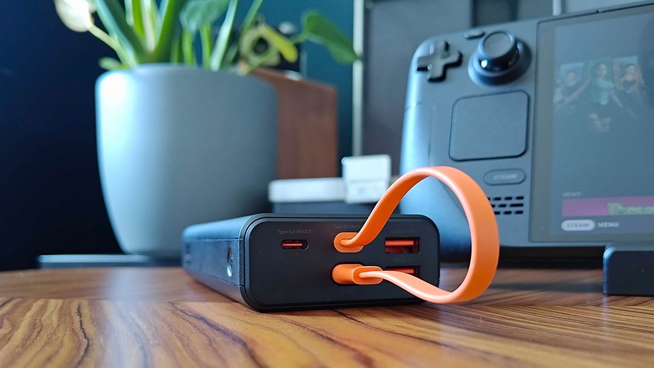 Jsaux power bank with ports and orange cable in review