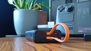 Jsaux power bank with ports and orange cable in review