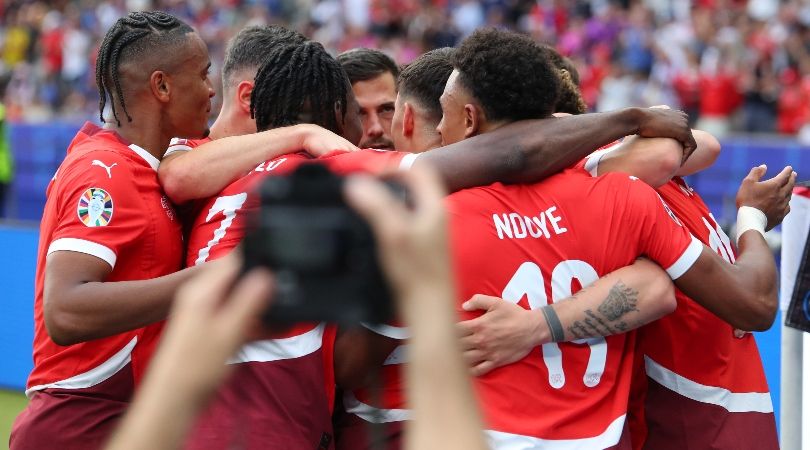 Switzerland celebrate their second goal against Italy in the teams&#039; Euro 2024 round of 16 tie in June 2024.