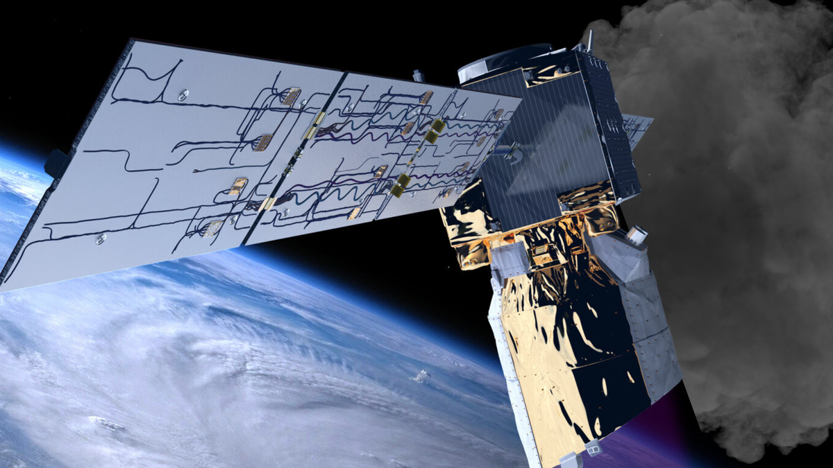 An illustration shows the ESA spacecraft Aeolus as it burns up in the atmosphere during its guided reentry. 