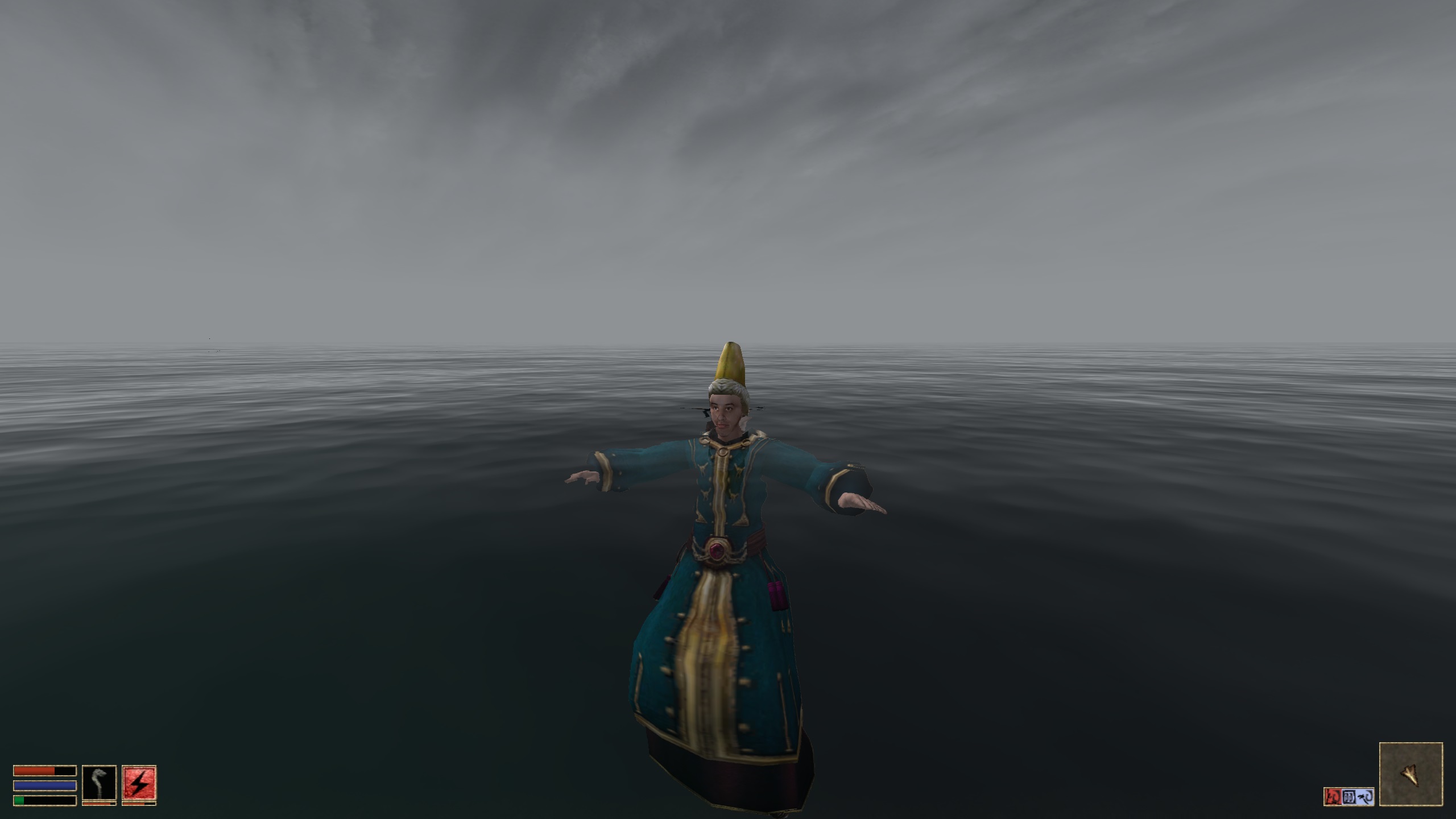 Breton in silly hat swimming in vast ocean