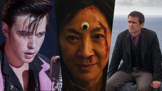 Austin Butler in Elvis on the left, Michelle Yeoh in Everything Everywhere in the center, Colin Farrell in Banshees of Inisherin on the right