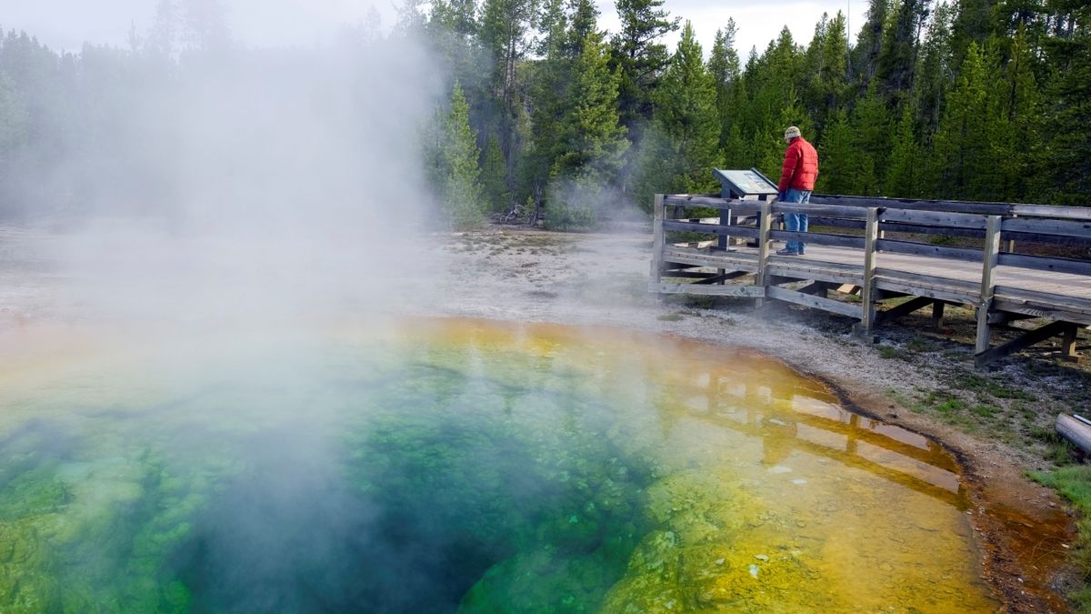 Man reading sign at Morning Glory Pool, Yellowstone National Park