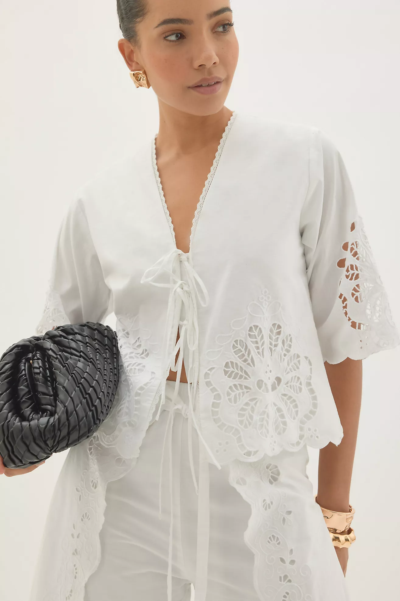 By Anthropologie Astraia Tie-Front Cutwork Blouse