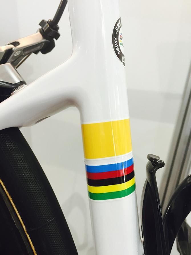 Cadel Evans farewell Teammachine SLR01 has his world championship stripes