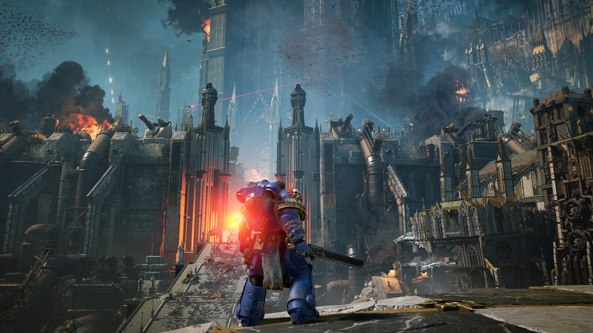 Titus looks out over a war-torn city in Space Marine 2