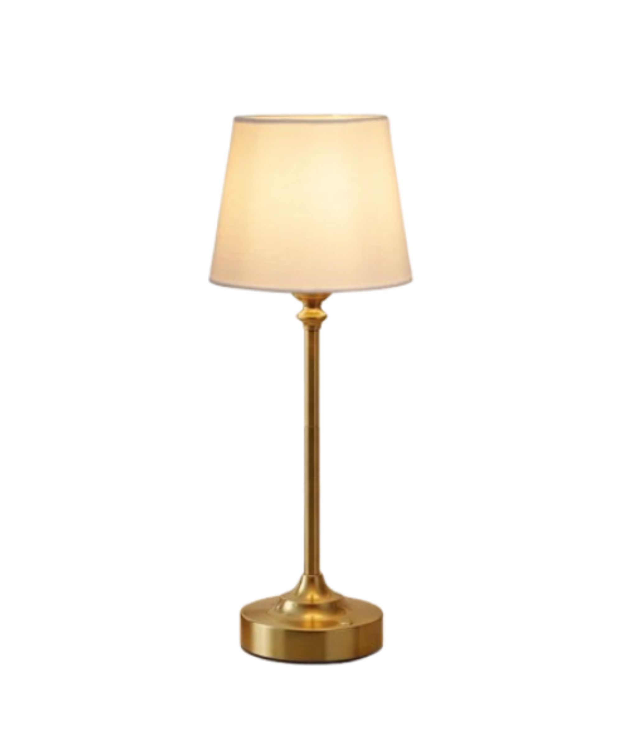 A gold stemmed lamp with a beige shade