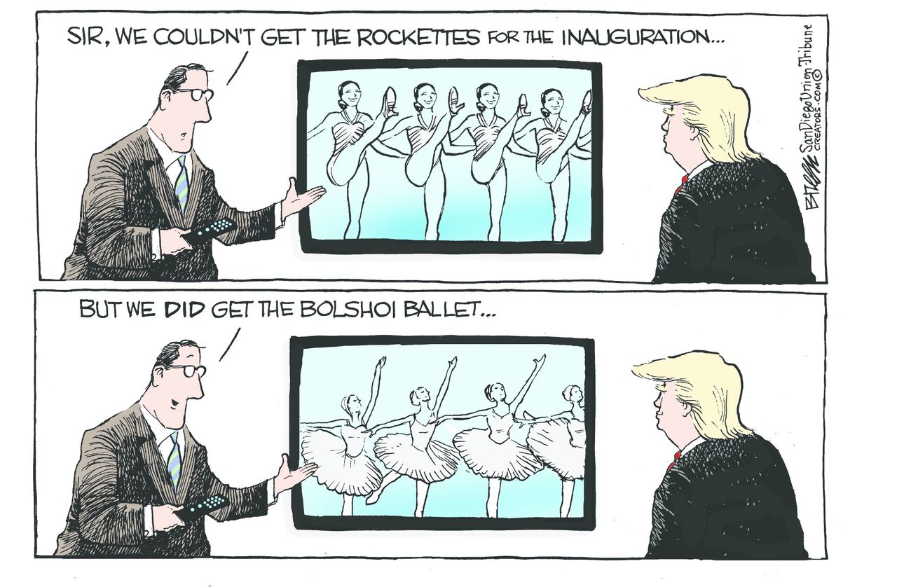 Political cartoon U.S. Donald Trump inauguration the Rockettes